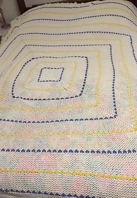 $24.99 • Buy TWIN/ FULL CROCHETED COVERLET BEDSPREAD Ivory Blue Yellow Woven Cotton 71x65