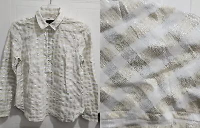 J Crew Women's Long Sleeve Popover Shirt Cotton Metallic White Gold Plaid Size S • $16.99