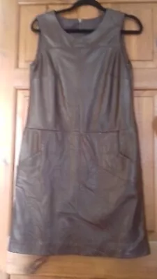 M&s Autograph Exclusive Brown Leather A-line Sleeveless Zipped Dress Size 12 • £15.99