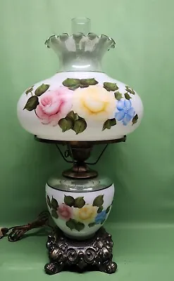 Vtg GWTW Parlor Ornate Hurricane Lamp W/ Hand Painted Flowers Green Luster Trim • $179.99