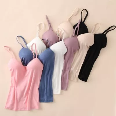 Womens Camisole Tops With Built In Bra Ladies V Neck Vest Padded Slim Tank Tops • £5.64
