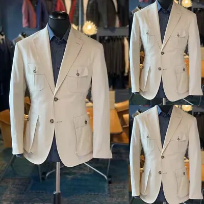 White Men's Safari Jacket 2pcs Wedding Groom Tuxedo Outdoor Hunting Coat 4Pocket • $70.92