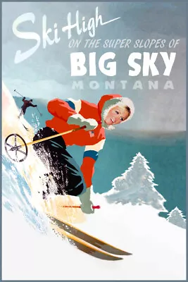 Big Sky Montana Snow Ski Travel Poster Bozeman Gallatin Paris Art Print 329 • $35.50