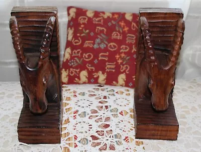 Pair Of Hand Carved Wooden Mountain Goat Bookends 9.5 Inches MCM Taiwan • $40