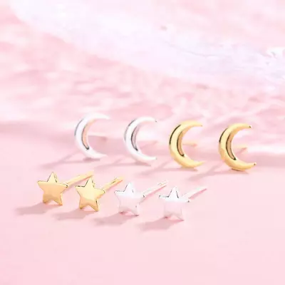 $7.95 • Buy Tiny Crescent Moon Star Ear Stud Earrings 14K Gold Over Sterling Silver Gift A3