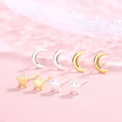Tiny Crescent Moon Star Ear Stud Earrings 14K Gold Over Sterling Silver Gift A3 • $7.95