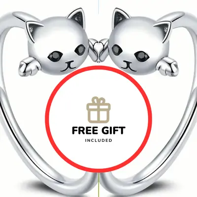 Ladies Cute Cat / Kitten Adjustable Ring Stainless Steel Silver + FREE GIFT • £2.90