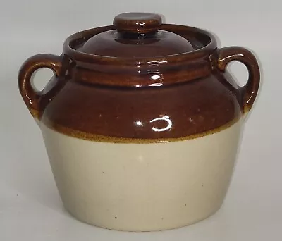 Monmouth USA Bean Pot Jar Brown & Cream Glazed Pottery Pot Lid Maple Leaf WS • $14.99