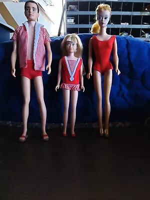 1963 Barbie Ken Skipper Dolls Red Swimsuit Shoes • $39