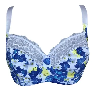 Beautiful White Blue Floral Fuller Bust Bra Feminine Large Cup Lace Edged 44F • £2.99