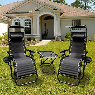 Sun Lounger CHAIR 2X ZERO GRAVITY CONOPY CUSHIONS RECLINING CUP HOLDER PADDED • £74.99