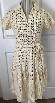Vintage 60s 70s Handmade Ecru Crochet A-Line Dress Size Medium/Large • $70