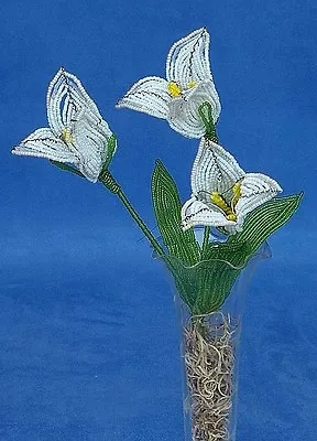 Vintage French Glass Beaded White Tulip Flower Bouquet • $32.99