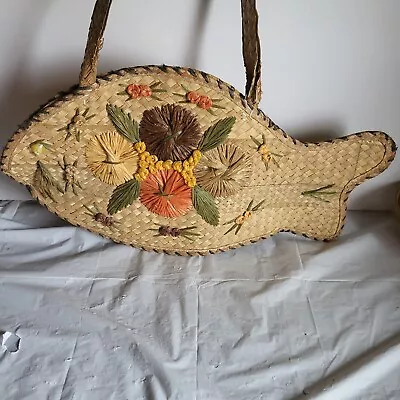 Vintage  Woven  Straw Embroidered Floral Raffia Handbag Fish • $21.99