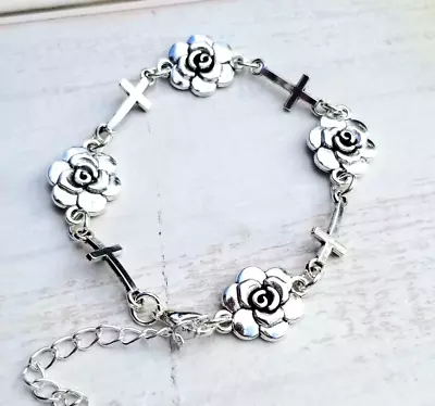 Silver Cross Bracelet Rose Cross Bracelet Womens Bracelets Sideways Cross • $28.95