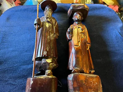 Antique Japanese Wooden Figures Lady And Gent Hand Carved Folk Art 19th Century • £45