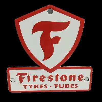 Vintage Sign Firestone Tires White Red Metal Enamel Gas Station Deco 5 X 5  Used • $132