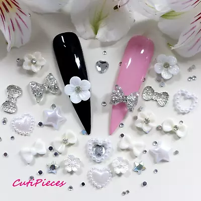 24pcs 3D Nail Art  Silver White  Flower Heart Star Bow Craft Embellishments Mix • £2.95