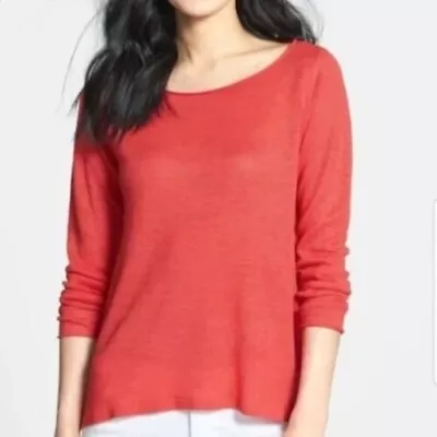 Eileen Fisher 100% Linen Melon 3/4 Sleeve Round Neck Lightweight Sweater Large • £27.55