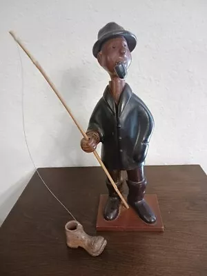 Vintage Italian Romer Wood Hand Carved Fisherman With Pipe Fish Pole Boot 13” • $45