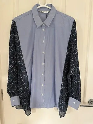 Zara Striped White & Navy Blouse Contrast Floral Sleeve Size M • £8