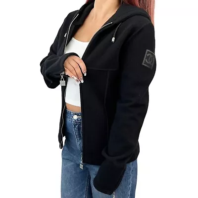 $792 • Buy CHANEL Sport Vintage 03A Coco Mark Logo Zipped Jacket #38 Hoodie Black RankAB