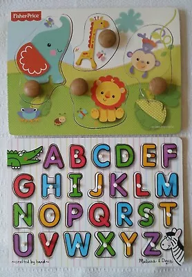 Wooden Puzzle Lot (2) Toddler Jumbo Knob Fisher Price & Alphabet Melissa & Doug • $8