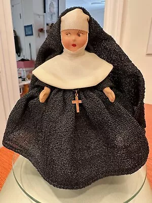 Vtg  Nun Doll! Composite Black Habit Rosary W Bronze Cross. Rare. • $29