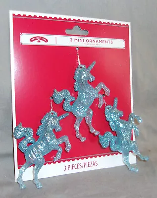 Set 3 Mini 3.25  Long Plastic Christmas Ornaments Blue Glitter Rearing Unicorns • $7.50