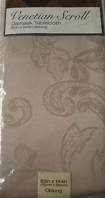 Beige Damask Tablecloth With Venetian Scroll Print Oblong • $10