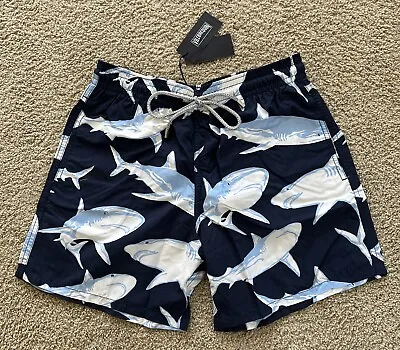 NWT 100% Authentic Vilebrequin MOOREA Swim Trunks -SHARKS- L -BLUE - MEN - LARGE • $125