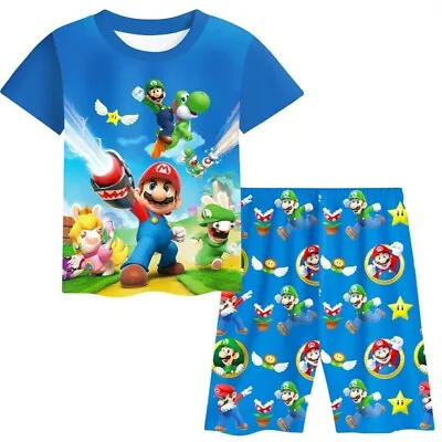 Blue Super Mario 2 Pcs Boys Pajamas Set Top And Shorts Set Sleepwear Gift • $16.99