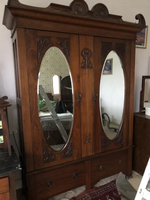 $850 • Buy Antique Burled Wood Wardrobe With Oval Beveled Mirrors