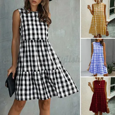 $20.89 • Buy ZANZEA Women Checked Grid Sleeveless Sundress Baggy Layer Tiered Dress Leisure