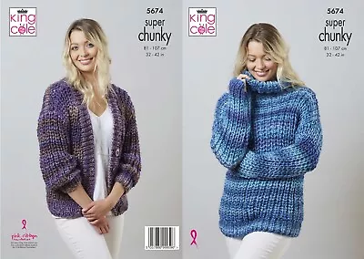 King Cole Super Chunky Knitting Pattern - 5674 Ladies Cardigan & Sweater • £4.65