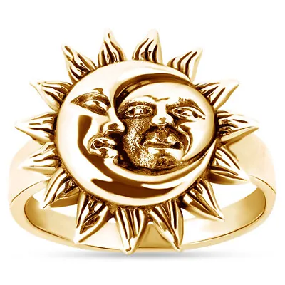 Crescent Celestial Sun And Moon Ring 14K Yellow Gold Plated Silver • $96.01