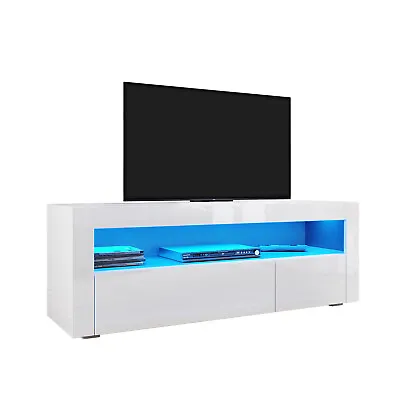 TV Stand Modern White High Gloss Doors Entertainment Unit Cabinet With LED Light • £92.98