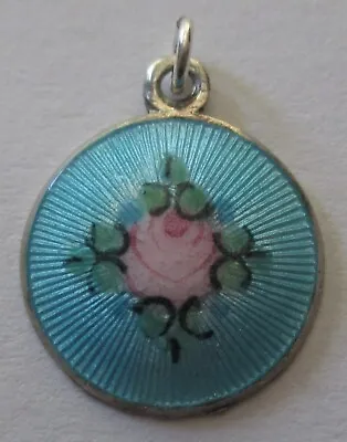 Vintage Sterling Silver Blue Guilloche Enamel Rose Flower Charm Pendant Art Deco • $39.99