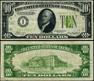 FR. 2004 I $10 1934 Federal Reserve Bank Note Minneapolis I-A Block VF Lgt Green • $33