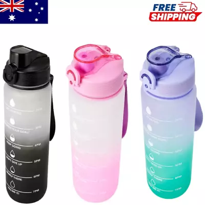 1L Water Bottle Motivational Drink Flask With Time Markings BPA Free Sport Gym   • $11.07