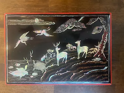 Vintage Black Lacquer Jewelry/Trinket Box Mother Of Pearl Two Drawers Wildlife • $12