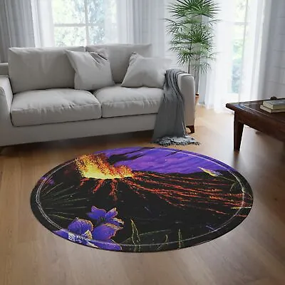 Round Area Rug - Retro Tropical Volcano 5x5' Chenille Floor Mat • $105