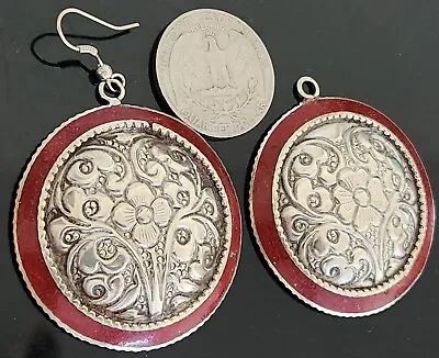 Vtg Sterling Silver Mexico Hand Chased Engraved Enameled Floral Hoop Earrings  • $14.99