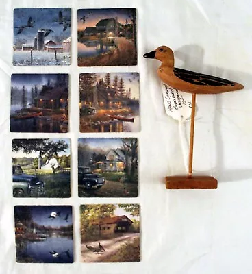 Vintage Hand Carved Shorebird Wooden 8  & Paper Coaster Set LOOK! • $1