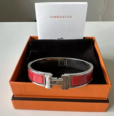 Hermes Paris Silver Plated Red Enamel Clic H Bracelet Pre Owned Free Shipping • $198