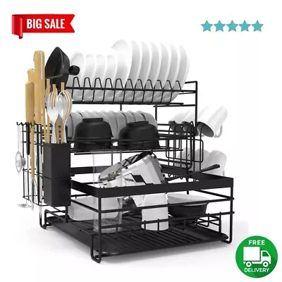 3 Tier Detachable Dish Drying Rack Kitchen Drainer With Cutlery Holder Drip Tray • $74.97