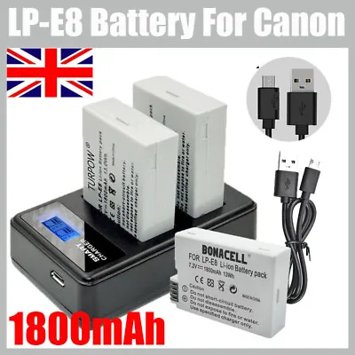 2x LP-E8 Li-ion Battery + LCD DUAL Charger For Canon EOS 550D 600D 650D 700D UK • £18.49