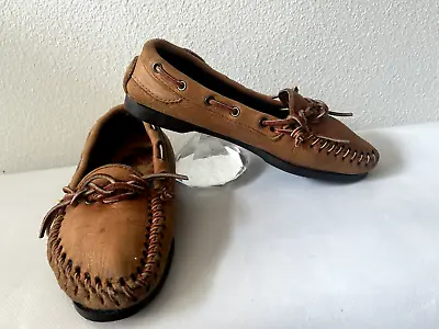 VTG Quoddy From Maine -  Brown Leather Camp Moccasins Flannel Line Sz 6M USA • $19
