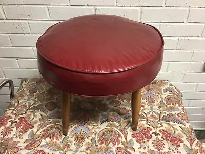 Vtg Mid Century Modern Mcm Red Naugahyde Footstool Ottoman 17 1/4” Across Retro • $145