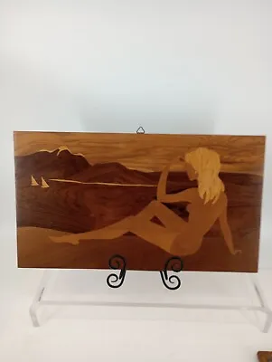 Vintage Wood Marquetry Inlay Picture Nude Woman On The Beach Wall Art 20  X 11  • $85
